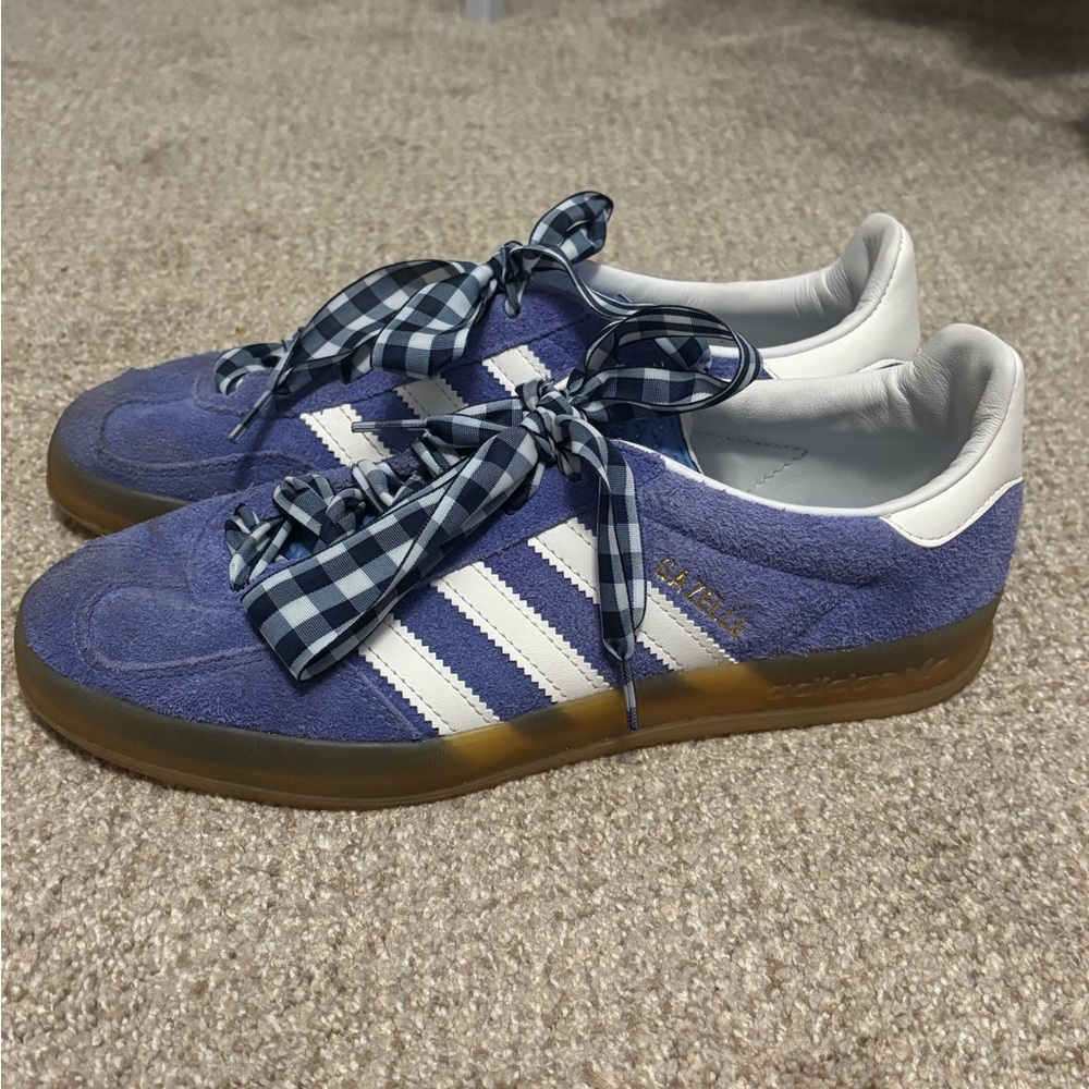 Adidas Blue and White Sneakers with Plaid Laces